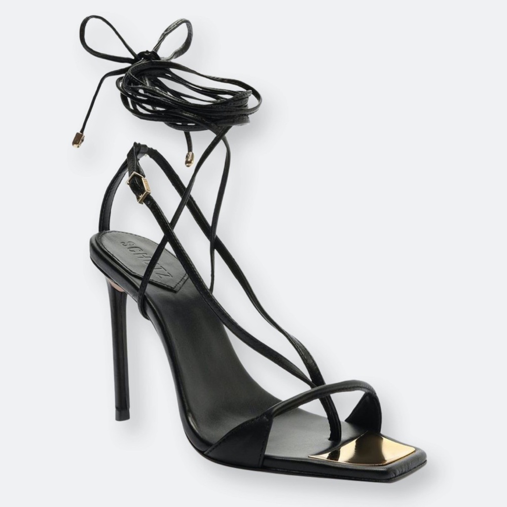 SCHUTZ Black and Gold Strappy Heels